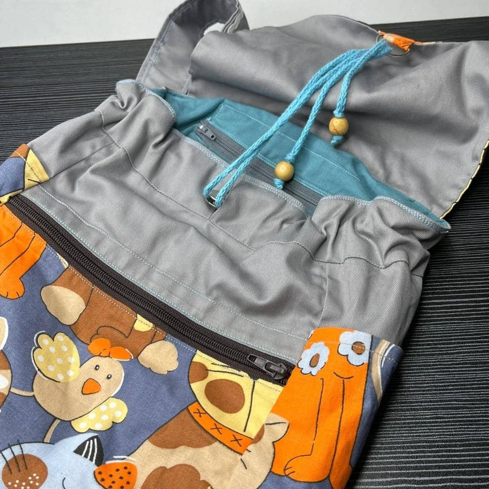 Handmade Canvas Backpack Cat Bird Print Gray Multi Color Rucksack Whimsical Bag